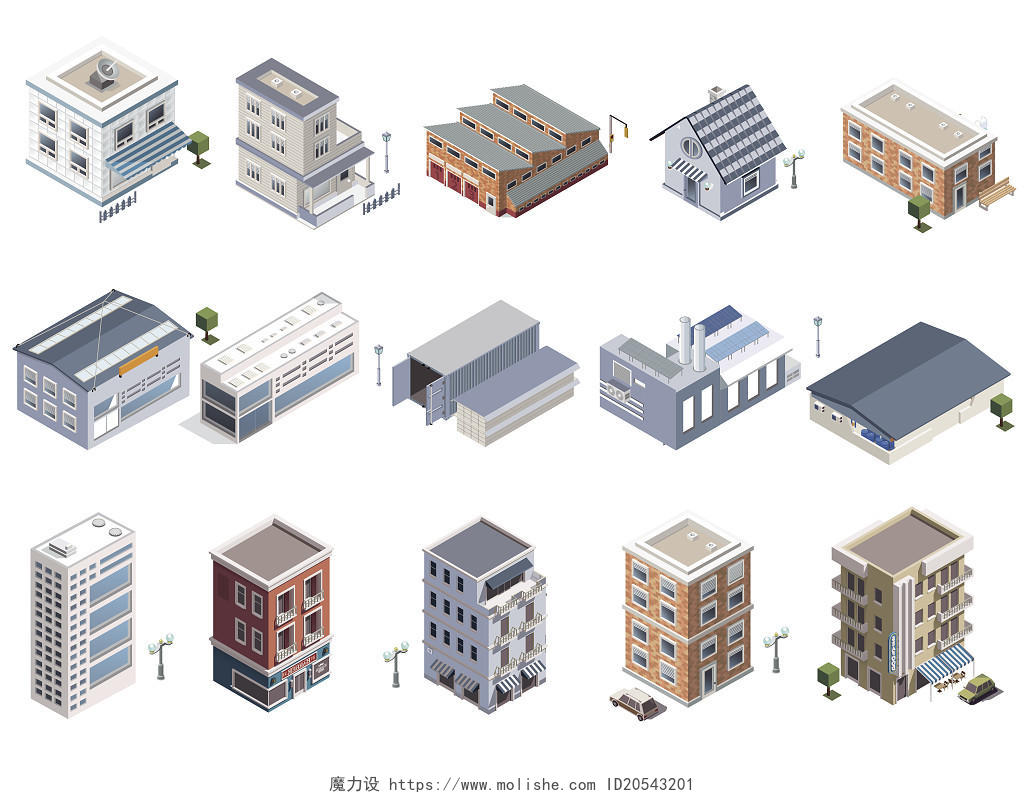 大厦建筑房屋工厂房子办公楼组合模型城市公寓元素PNG素材25D